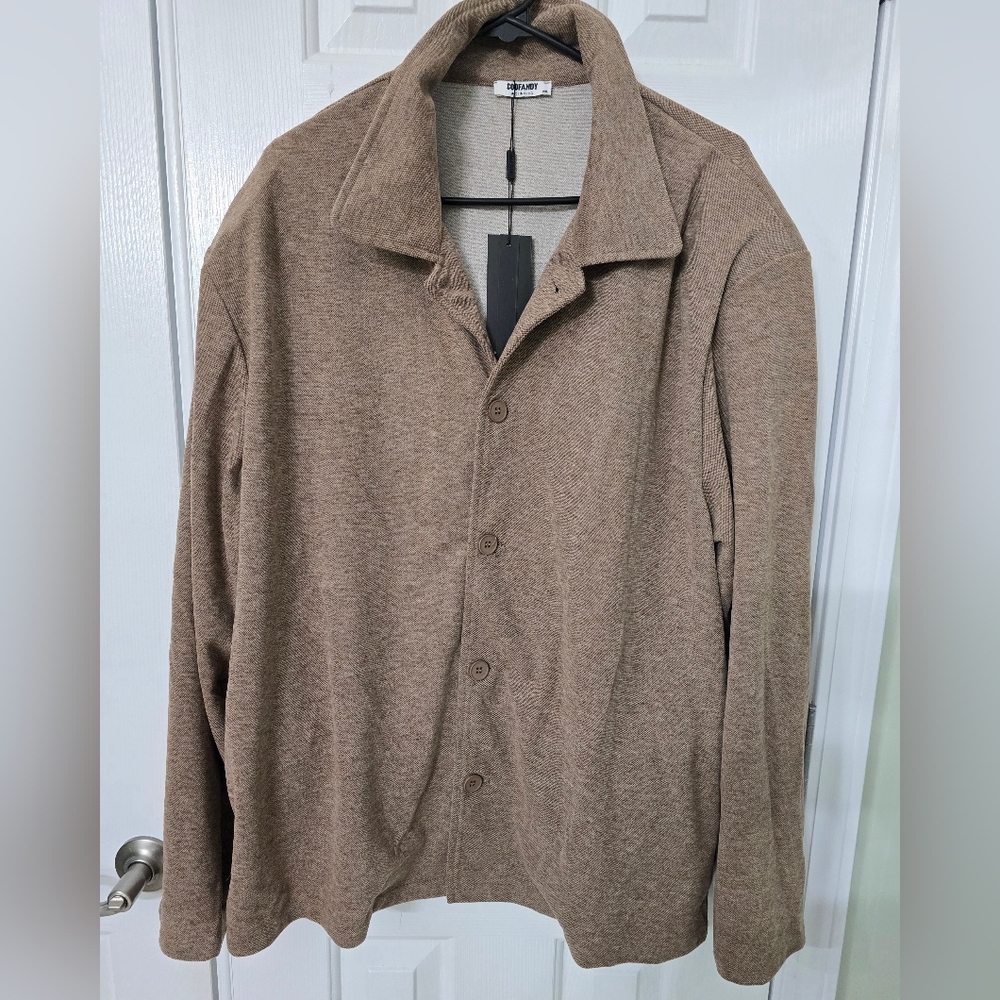 Mens Button Down Pajama Lounger Top with Pockets and Lined Shoulders Tan 2XL